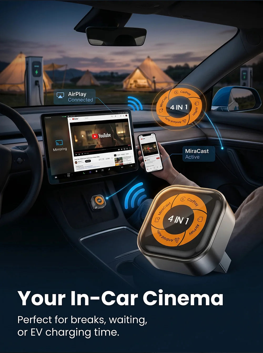 Adaptador Inalámbrico 4 en 1 para Apple CarPlay, Android Auto, AirPlay y MirrorLink, Conexión por Cable a Inalámbrica, USB C Mini, Plug and Play