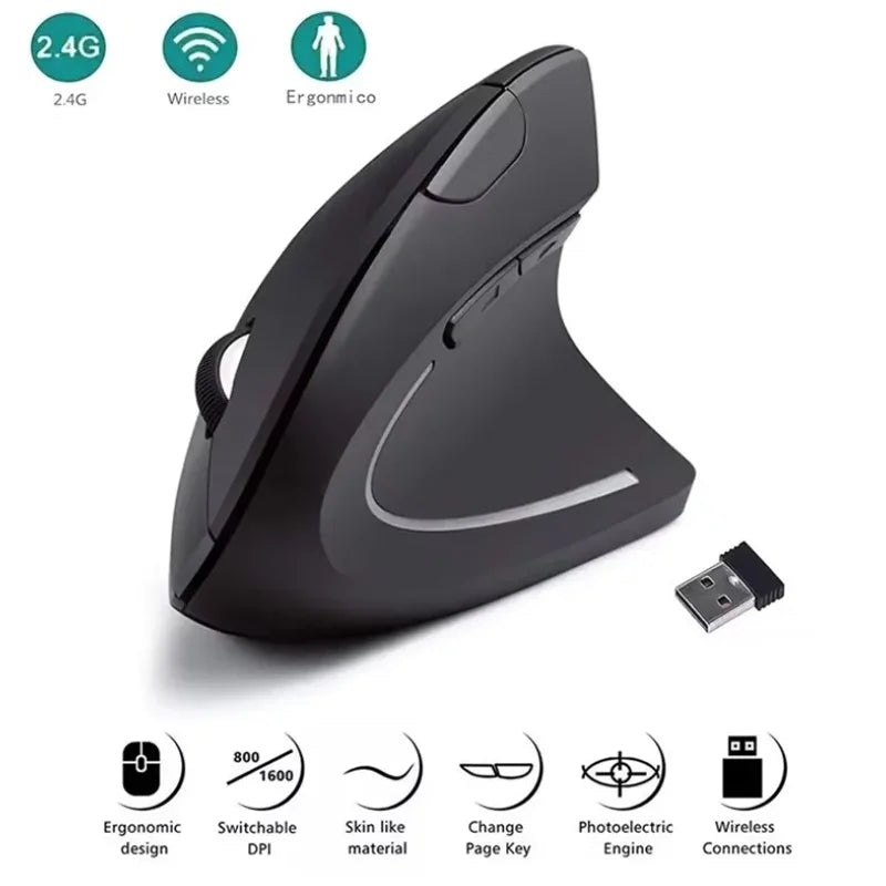 Ratón Vertical Ergonómico Inalámbrico de 2.4GHz, Ratón Óptico con 3 DPI Ajustables 800/1200/1600, 6 Botones para Computadora Portátil, PC, Escritorio