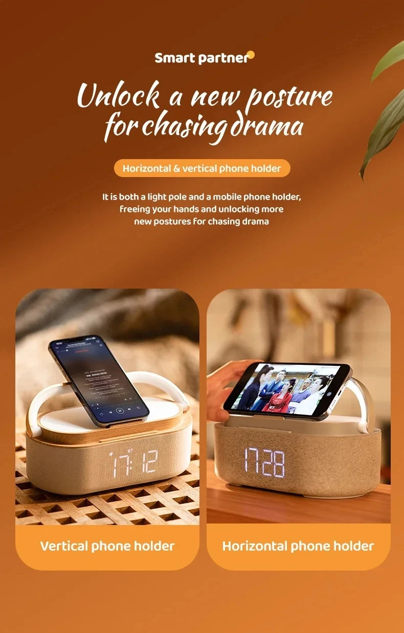 Altavoz Bluetooth portátil con carga inalámbrica, Radio FM, despertador, caja De sonido, música, cargador, lámpara, luz nocturna, Bocina