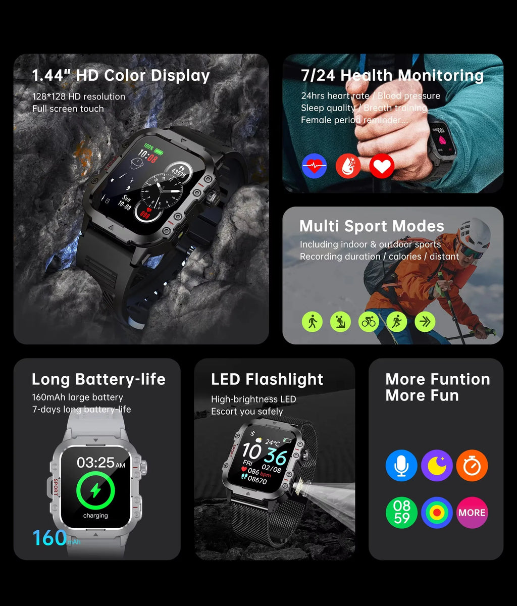 Nuevo Reloj Inteligente Militar Xiaomi 2025 para Hombre, IP67 3ATM, Monitor de Actividad Física y Salud para Deportes al Aire Libre, Pantalla de 1.44 Pulgadas, Llamadas Bluetooth