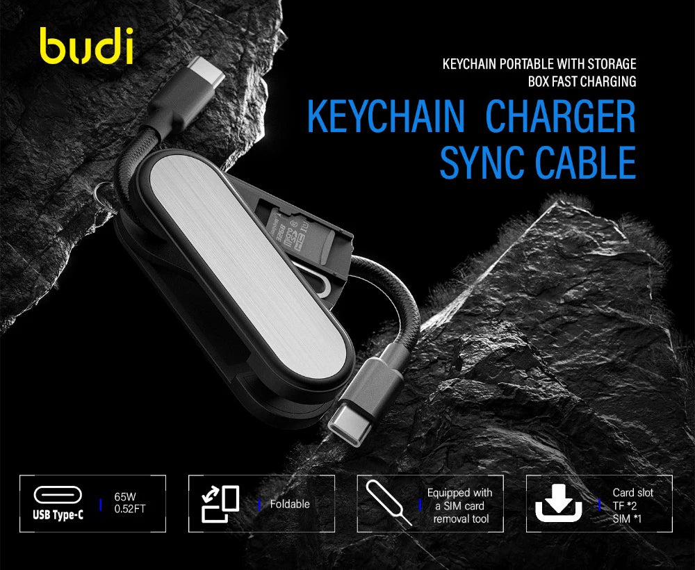 Cable USB-C a USB-C BUDI 65W con Almacenamiento de Tarjetas