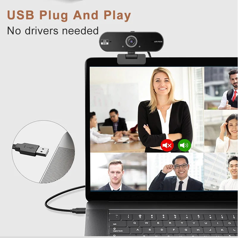 Cámara web USB 4K UHD con autofoco y micrófono para PC y laptop