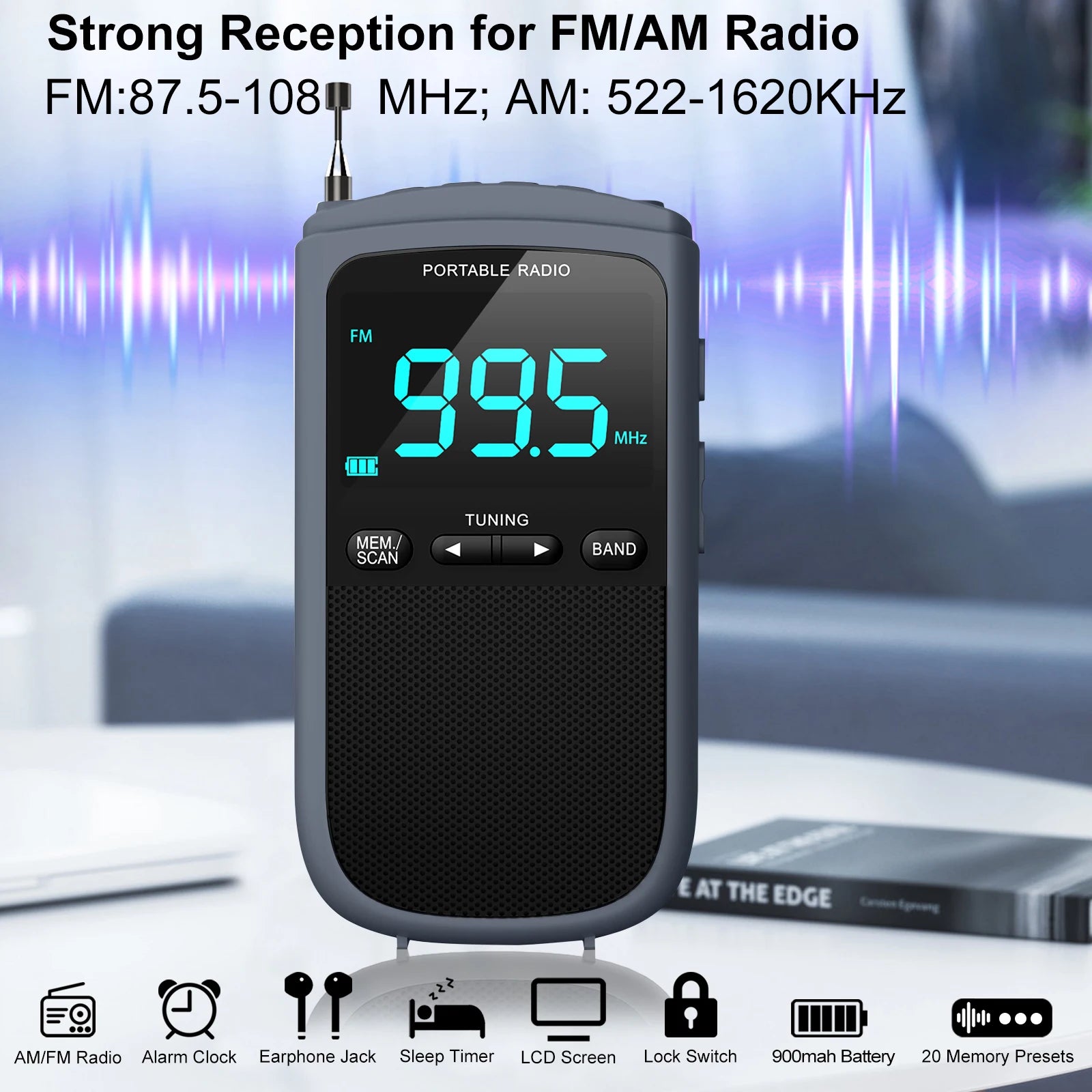 Mini Radio portátil AM/FM recargable con altavoz estéreo y despertador