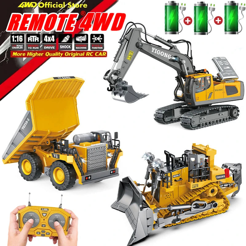 Excavadora, Volquete y Bulldozer RC 4x4 de Aleación, Vehículos de Construcción