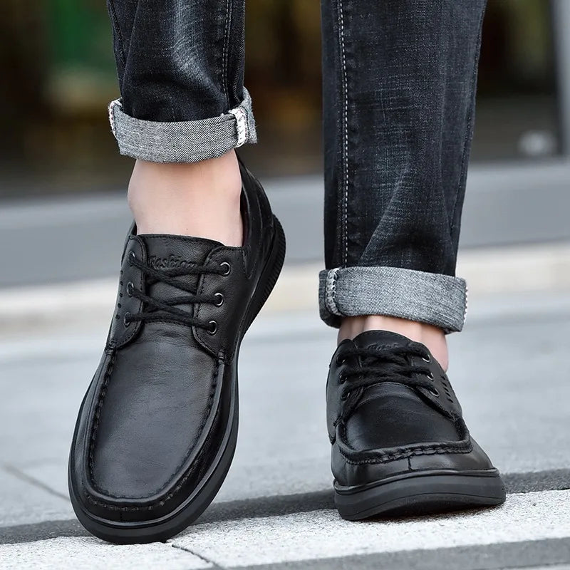 Zapatos náuticos de cuero vintage para hombre con cordones y suela antideslizante