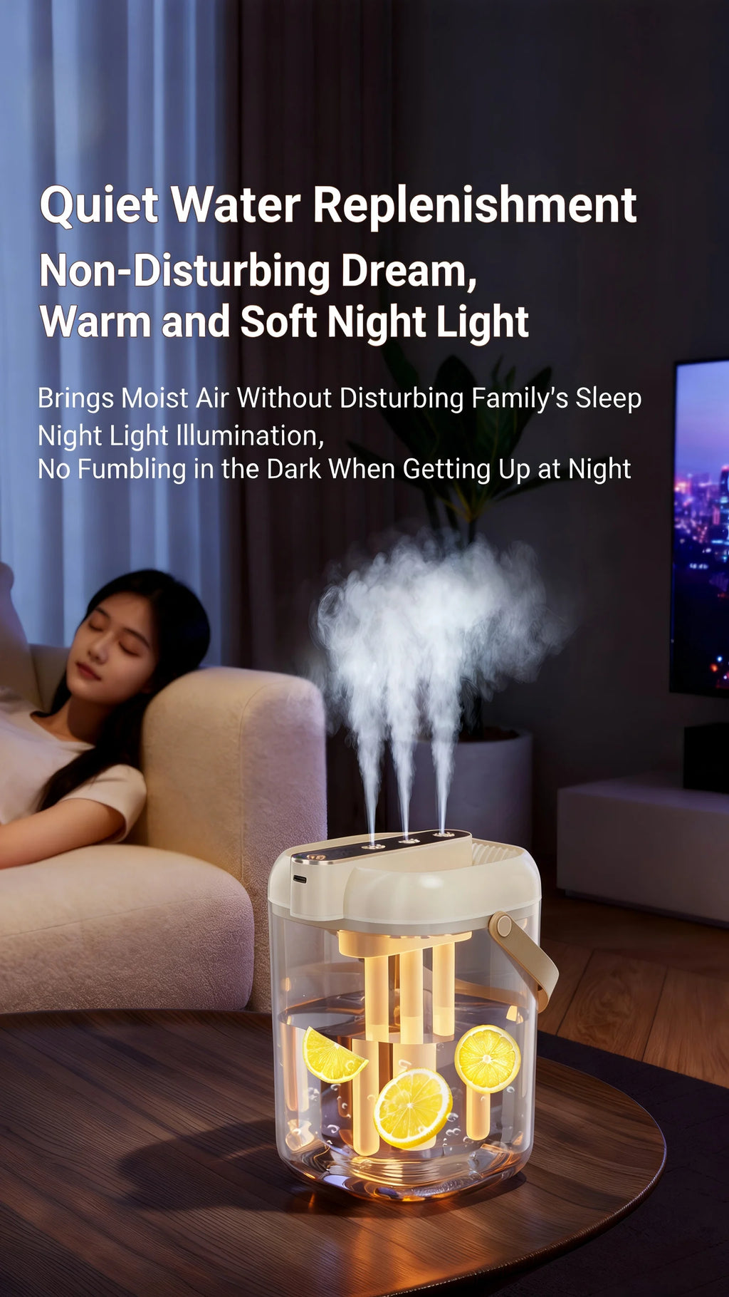Humidificador Inteligente de 3 Pulverizaciones - Tanque de Agua de Gran Capacidad de 2L, Luz Nocturna Cálida, Protección Contra la Falta de Agua, Ajuste de Niebla de 4 Velocidades