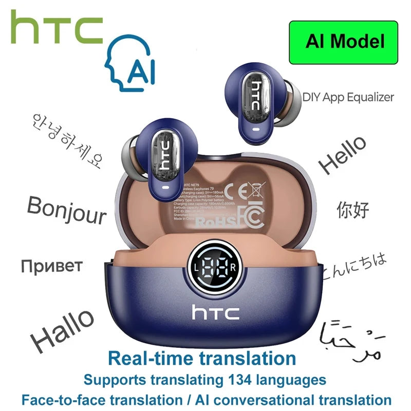 Auriculares HTC NE79 con Traducción en Tiempo Real, Bluetooth, Música HiFi, Llamadas HD, Reducción de Ruido, Auriculares Inalámbricos con Pantalla LED y Micrófono