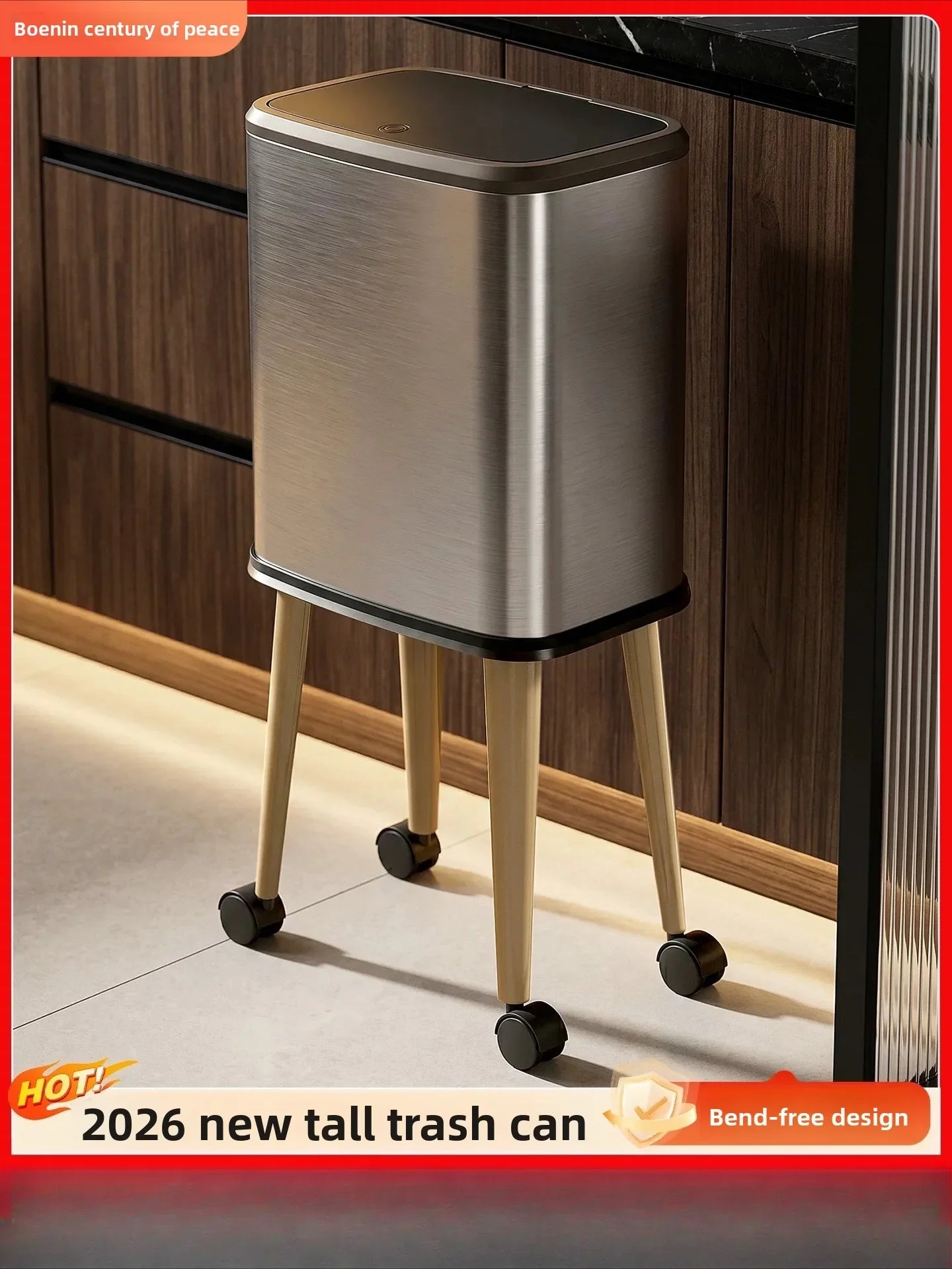Cubo de basura rodante de acero inoxidable con tapa, 15 litros