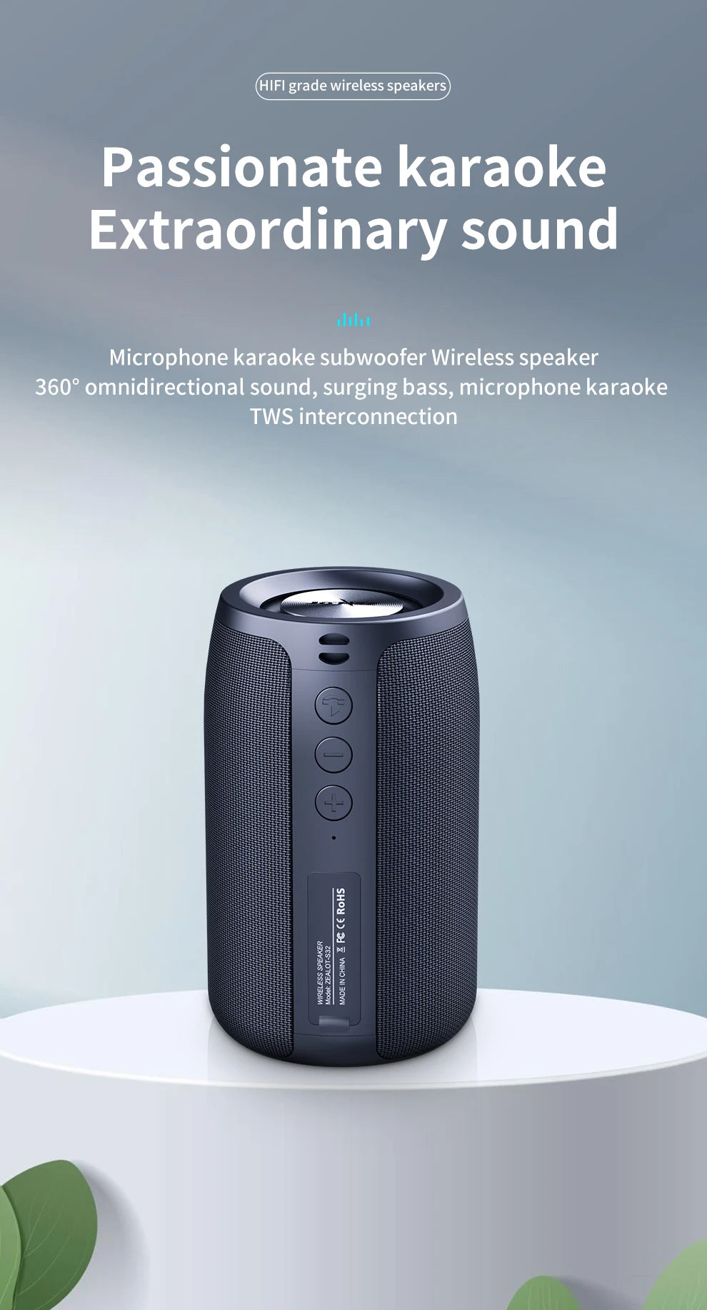 Altavoz inalámbrico Zealot-S32 para exteriores, Subwoofer portátil, resistente al agua IPX 6, emparejamiento Dual, batería de 1800mAh