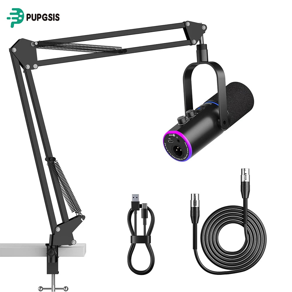 Kit de Micrófono para Juegos XLR/USB: Micrófono Dinámico para PC para Streaming y Podcasting, Botón de Silencio, Efectos de Reverberación, Micrófono RGB para Computadora con Brazo