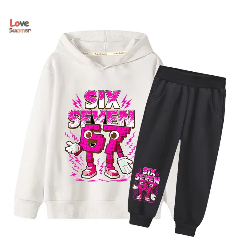 Conjunto de 2 Piezas de Sudadera con Capucha y Pantalones 67 Six Seven para Niños y Niñas, Sudadera Italiana Brainrot para Niñas, Traje Informal de 2 Piezas con Capucha para Bebés