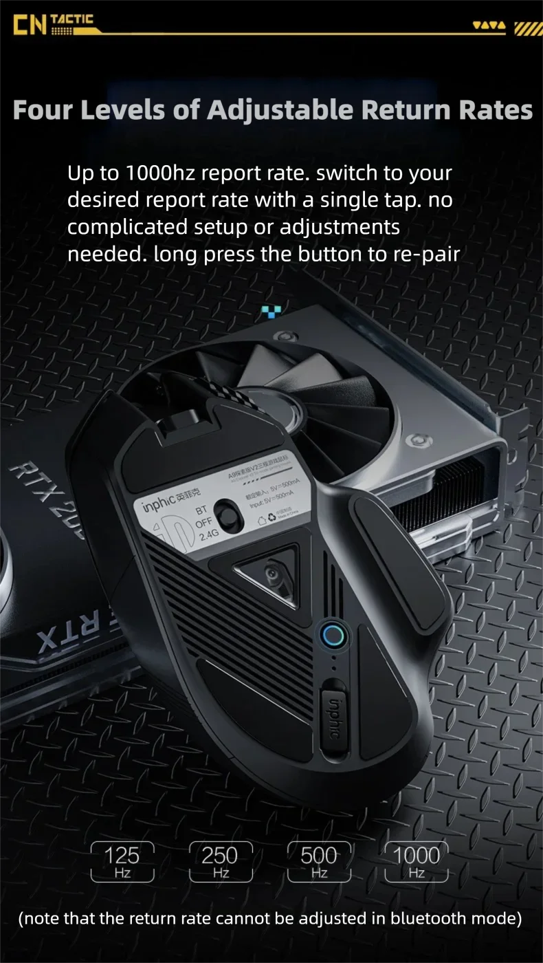 Ratón inalámbrico para juegos Inphic A9 Explorer V2 con indicador de nivel de batería de 500mA, ergonómico, Bluetooth, para oficina, PC y portátil.