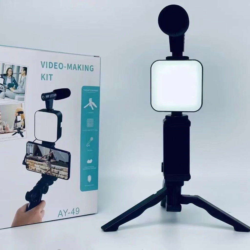 Soporte para teléfono móvil, iluminación de fotografía, Kit de vídeo para Smartphone, micrófono LED, trípode para Selfie, mango de grabación, soporte estabilizador portátil