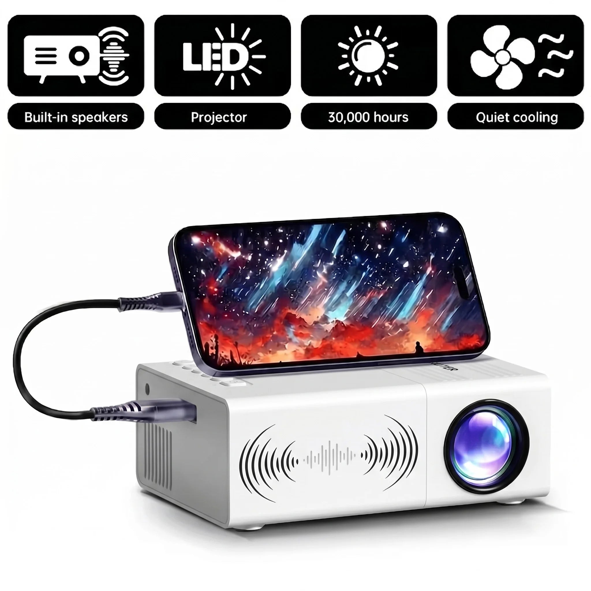 Mini proyector HD con efecto de cine en casa, altavoz incorporado, para el hogar/oficina/escuela/fiestas, con control remoto para una visualización inmersiva