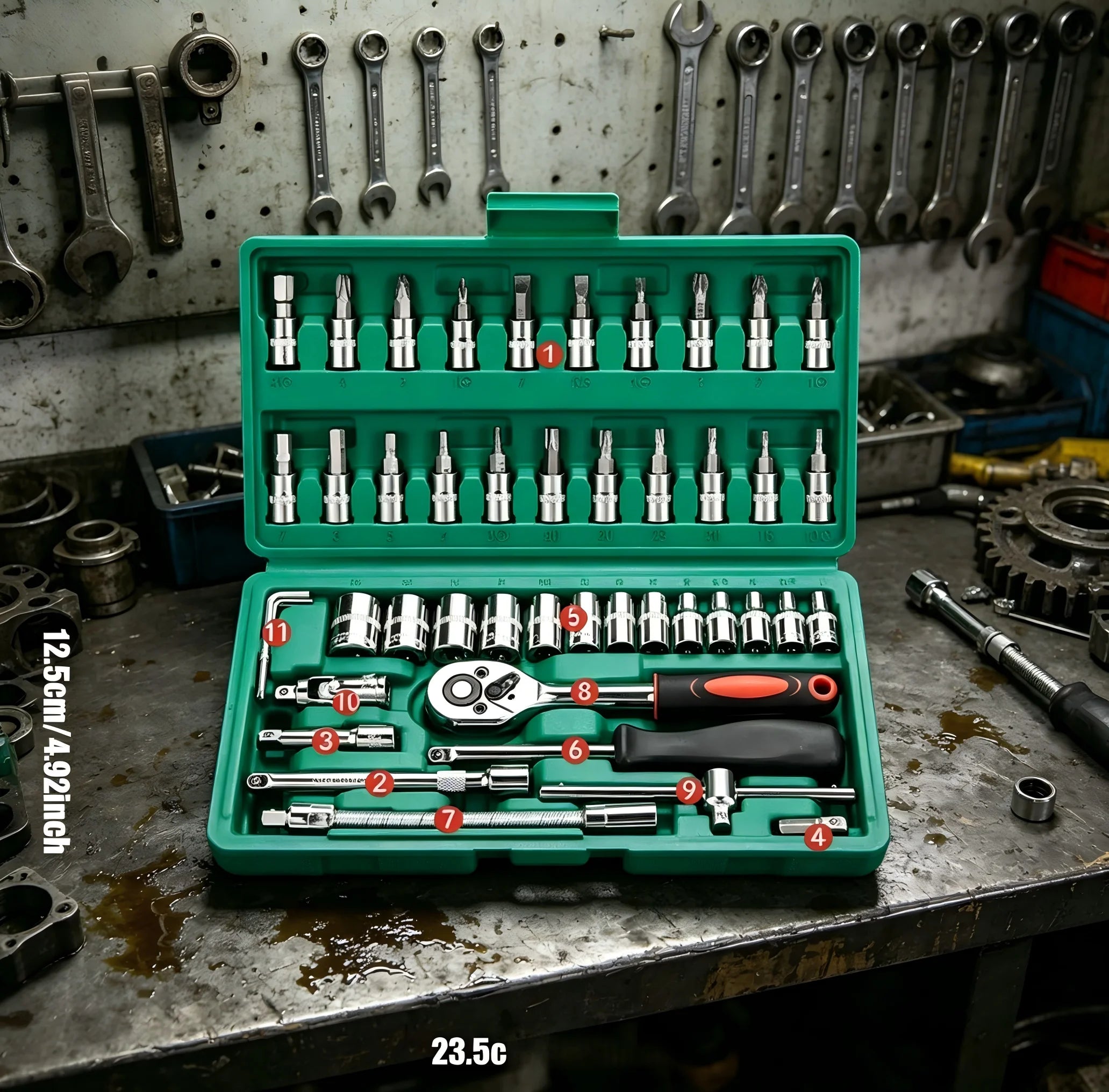 Juego de herramientas mecánicas de 46 piezas para reparación de automóviles, con vasos métricos, juego de puntas hexagonales, llave de trinquete en pulgadas