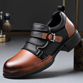 Mocasines con hebilla y cremallera para hombre, cuero genuino, tacón cuadrado