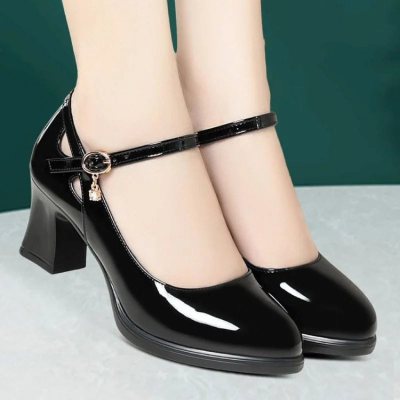 2025 Primavera/otoño Nuevos zapatos de tacón de trabajo profesionales negros para mujer - Zapatos de vestir de tacón medio con plataforma y correa, zapatos de oficina para madres