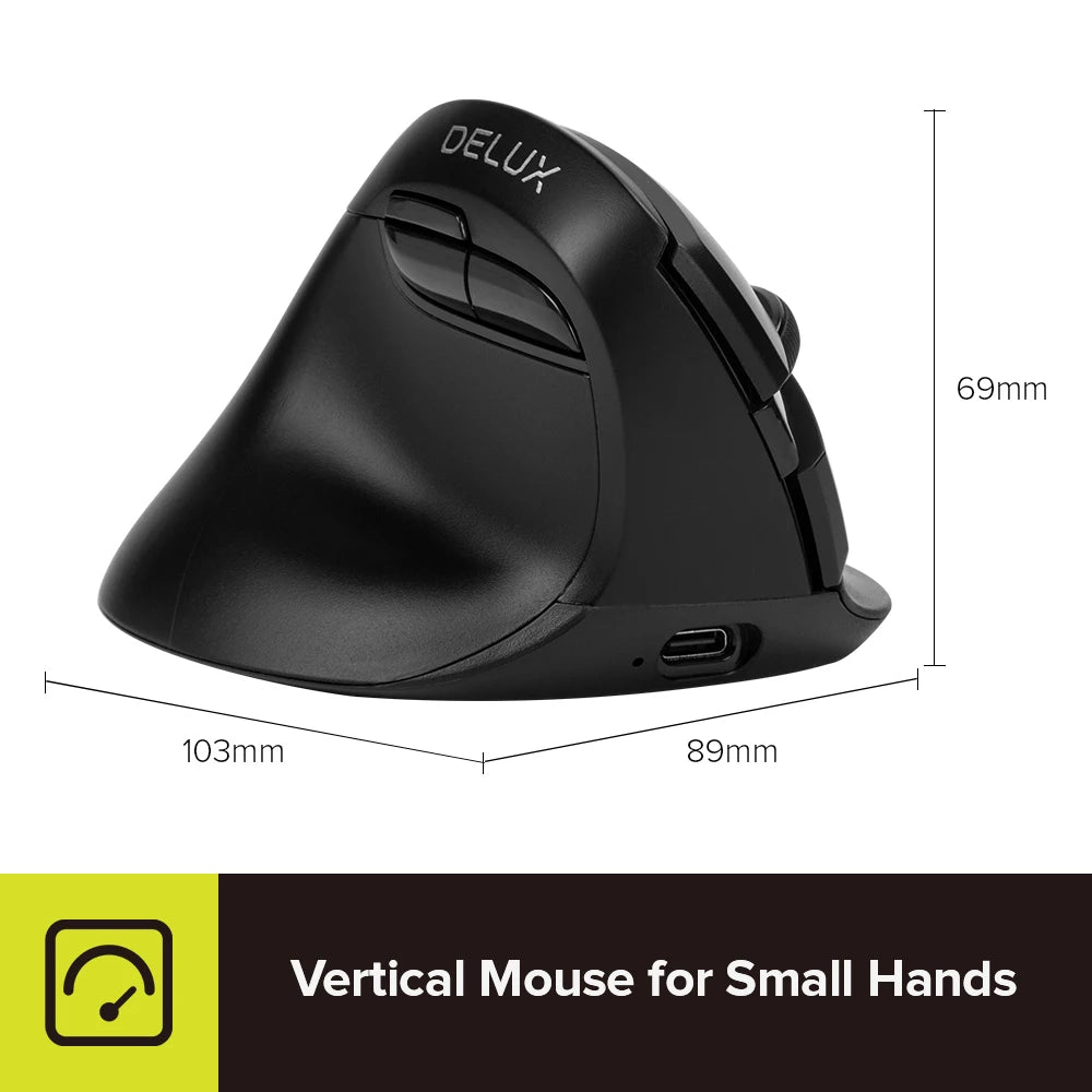 Delux M618ZD Ratón Vertical inalámbrico ergonómico de mano izquierda Bluetooth 2,4 GHz recargable silencioso clic ratones para oficina mano pequeña