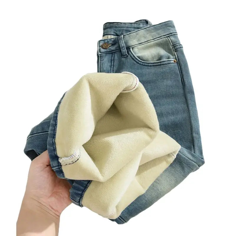 Pantalones Vaqueros Vintage con Forro Polar de Pierna Recta