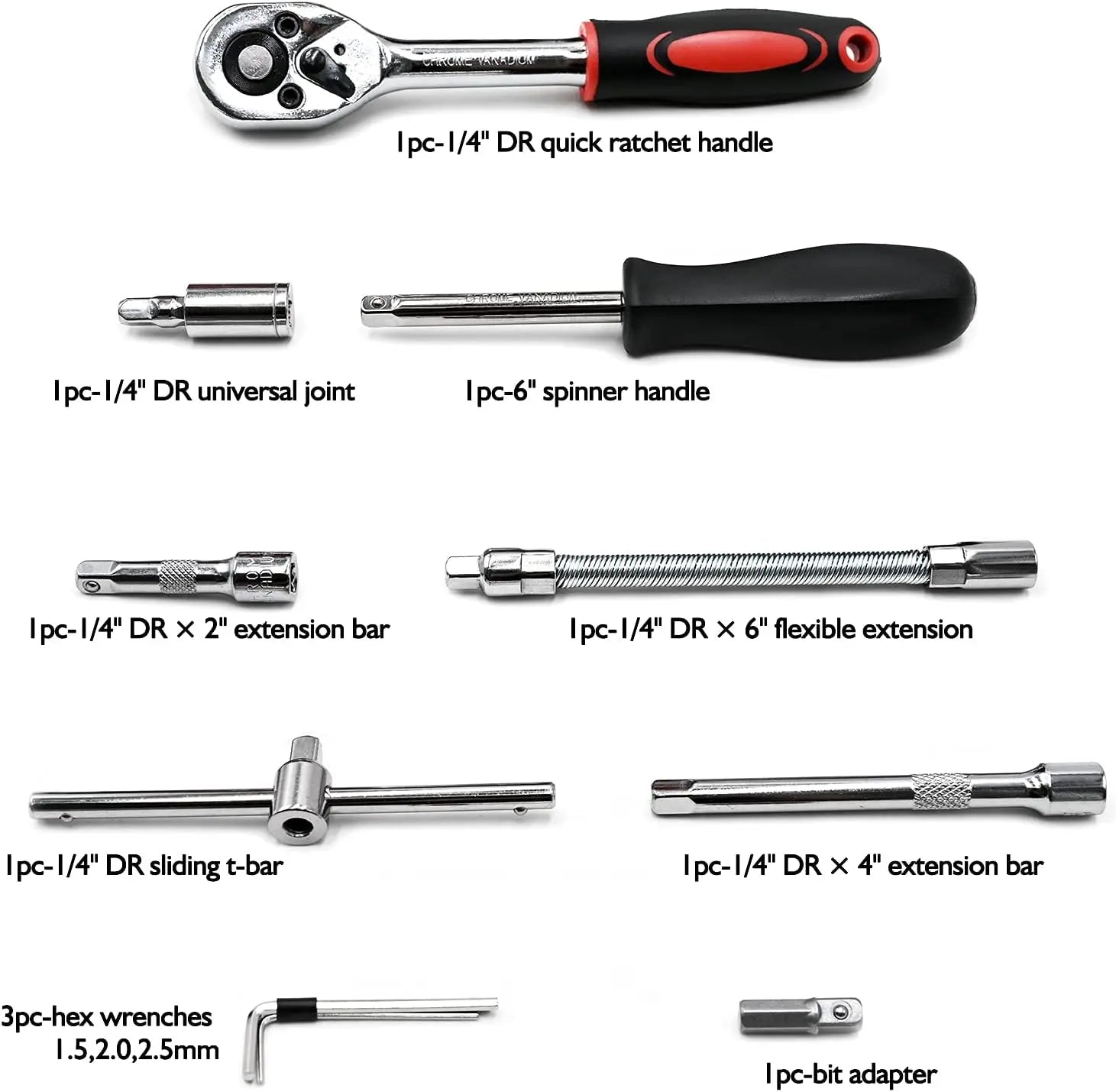 FOCSE Juego de llaves de trinquete con casquillo de accionamiento de 46 piezas de 1/4 pulgadas, con juego de casquillos, barra métrica y de extensión para reparación de automóviles