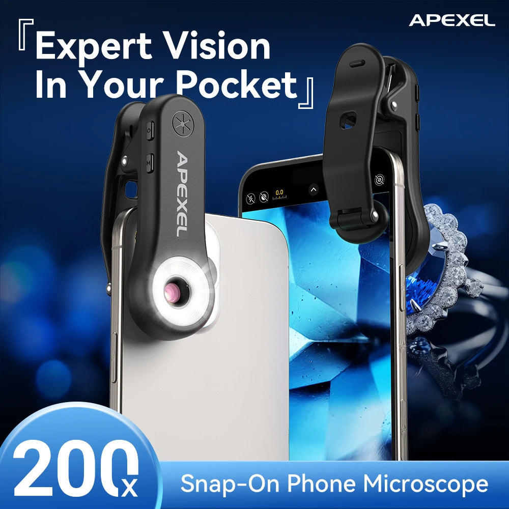 Lente de Microscopio 200X APEXEL con Luz LED para Smartphones