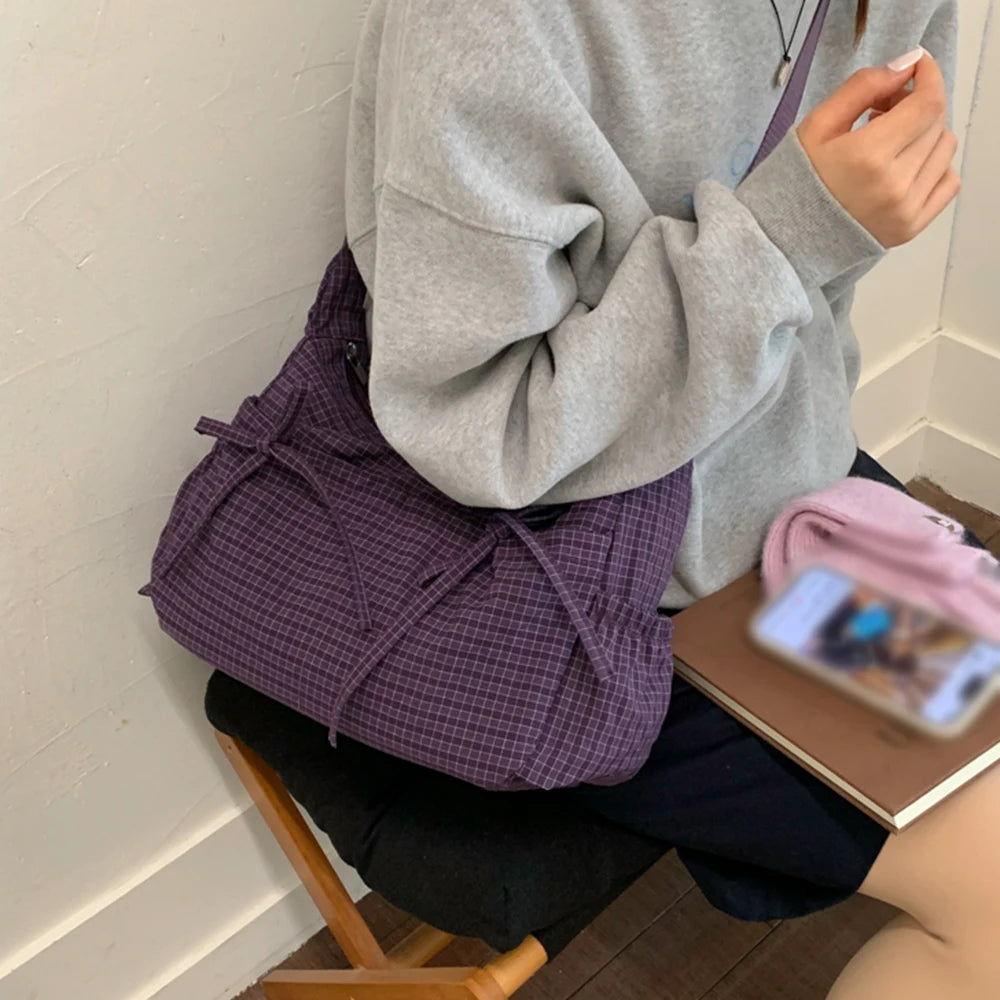 Bolso de hombro individual con rejilla retro de estilo coreano, gran capacidad, versátil para la escuela, el trabajo y los desplazamientos, diseño unisex