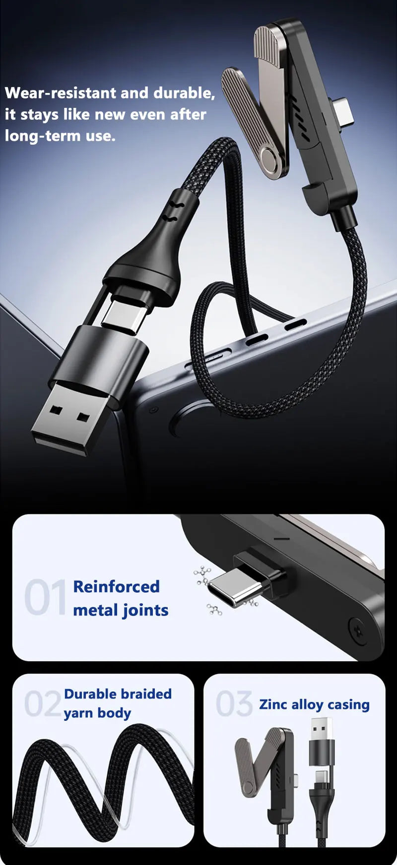 Cable de Carga Retráctil 3 en 1 de 65W con Soporte Plegable