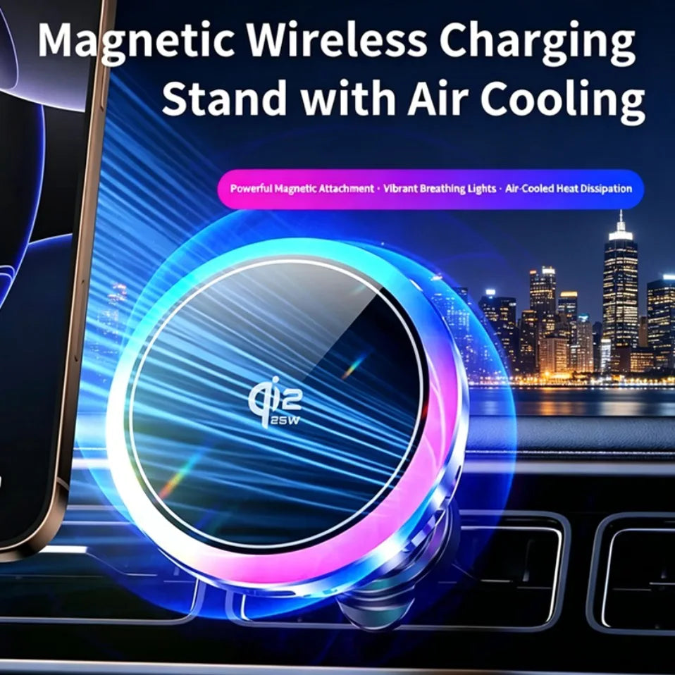 Cargador Inalámbrico Magnético Qi2.2 de 25W para Coche con Refrigeración por Aire, Estación de Carga Rápida, Soporte para Teléfono con Ventilación para iPhone 17-12 Pro Max