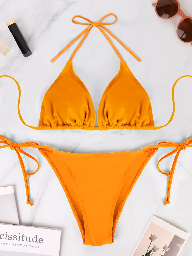 Conjunto de bikini sexy para mujer, estilo veraniego para vacaciones en la playa, color sólido, con cuello halter, espalda descubierta y cordones, traje de baño.