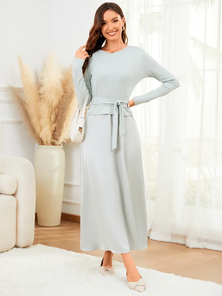 VEITCHE 2025 moda mujer vestido largo traje de algodón con cuello en V Top de punto con cinturón + falda larga de tirantes de Color sólido satinado