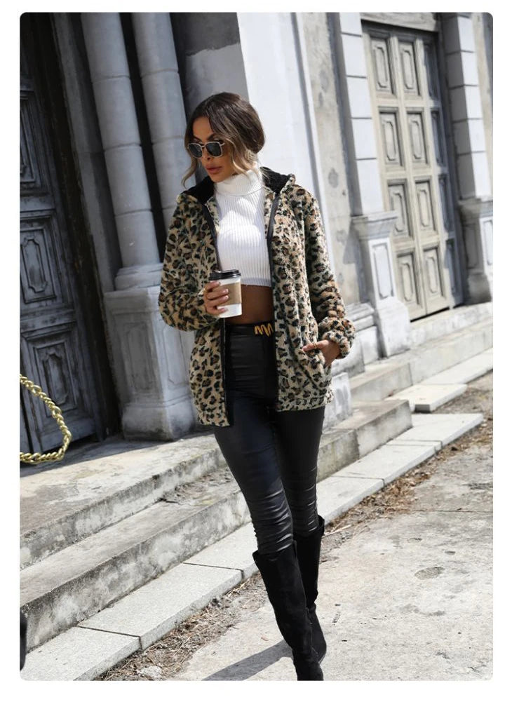 Otoño Invierno mujer moda abrigos con capucha manga larga estampado de leopardo de doble cara de felpa suelta cálida chaqueta gruesa abrigo con cremallera para mujer