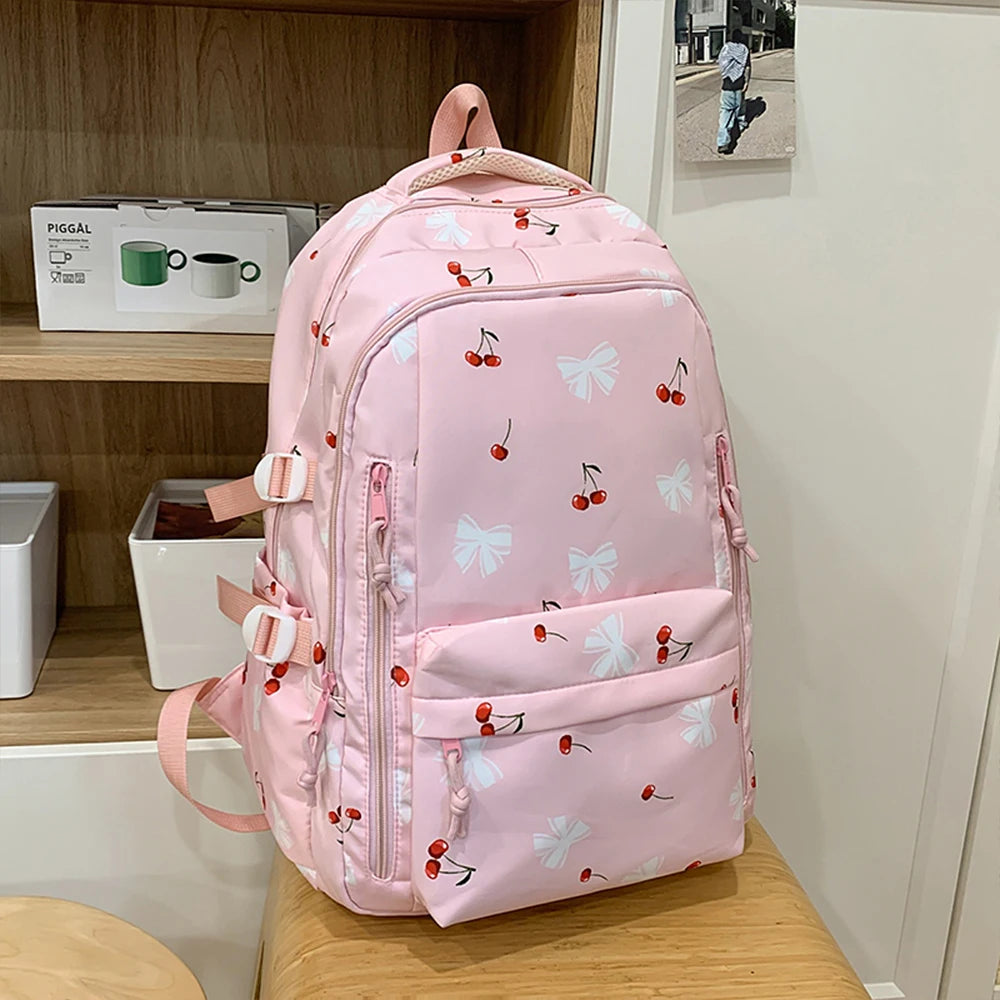 Mochila de Nailon con Estampado de Cerezas, Ligera y Resistente