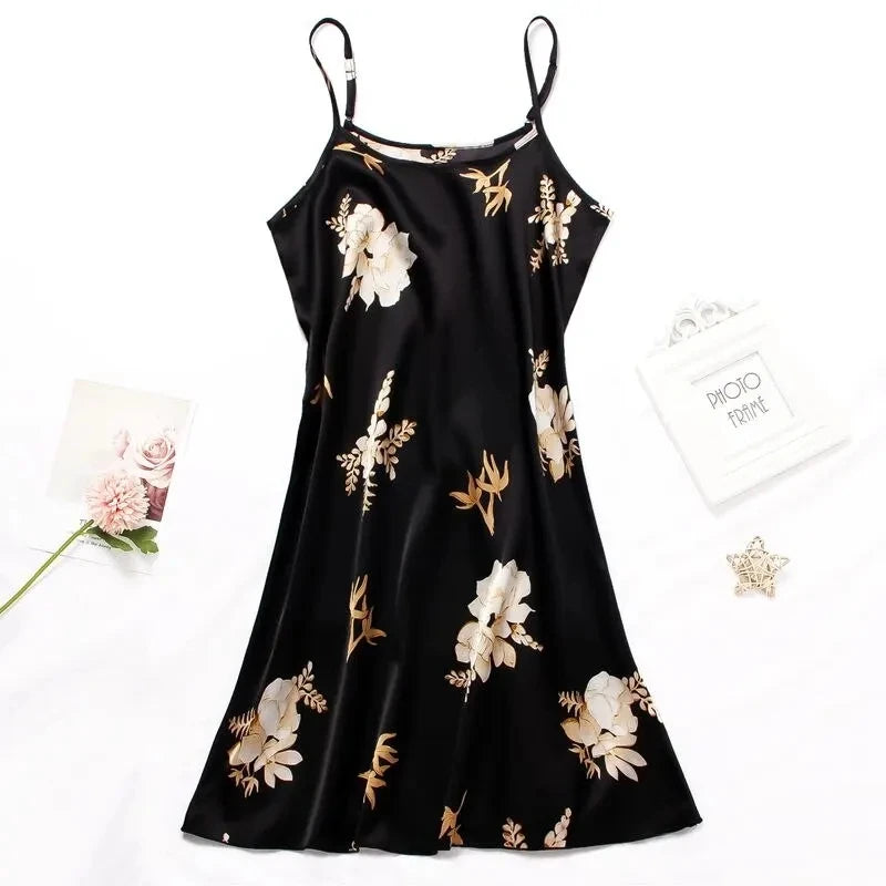 Camisón Sexy con estampado Floral para mujer, ropa de dormir de seda, color negro, para el hogar