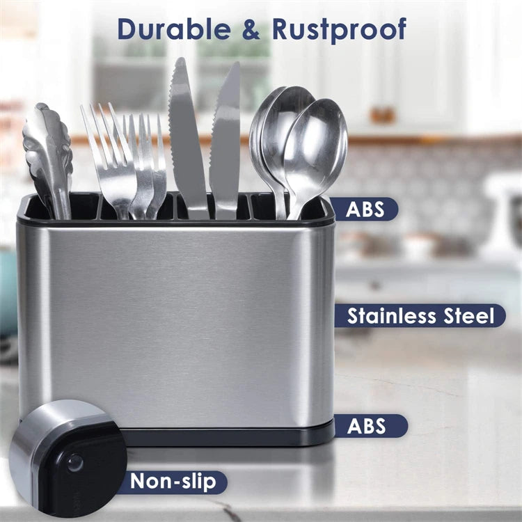 LMETJMA Organizador de cubiertos Caddy para cubiertos, estante de secado de utensilios de acero inoxidable, soporte para cubiertos con 4 compartimentos divididos