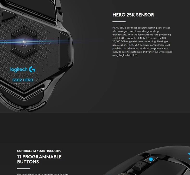 Logitech G502 HERO Ratón para juegos con cable de alto rendimiento, sensor HERO 25K, 25,600 DPI, RGB, pesas ajustables, 11 programables
