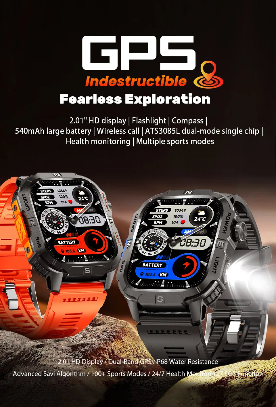 Reloj Inteligente Militar con GPS, LED, Brújula e IP68