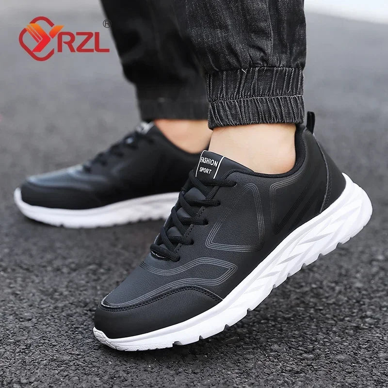 YRZL-Zapatillas deportivas impermeables de cuero para hombre, zapatos deportivos cómodos para caminar, resistentes al desgaste, color negro