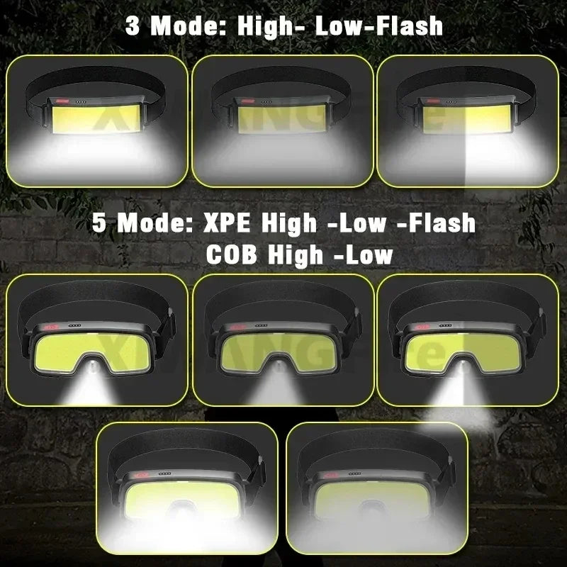 Linterna Frontal LED COB Portátil Recargable USB Resistente al Agua Camping