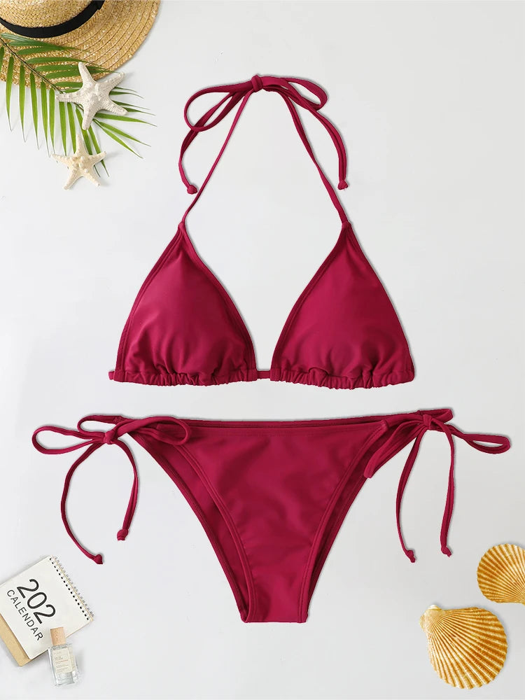 Conjunto de Bikini con Tanga para mujer, bañador Sexy con cordones laterales, traje de baño con lazo en el cuello, ropa interior de Bikini de estilo brasileño ajustable, 2 unids/set