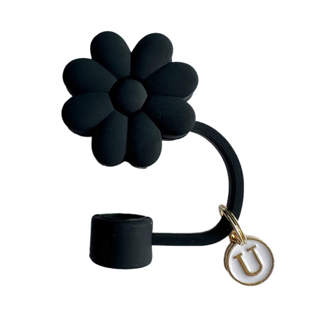 Accesorio negro Tapa de paja, cubierta de paja de silicona con flores de 26 letras Cubierta de paja a prueba de polvo adecuada para botellas de vidrio y agua