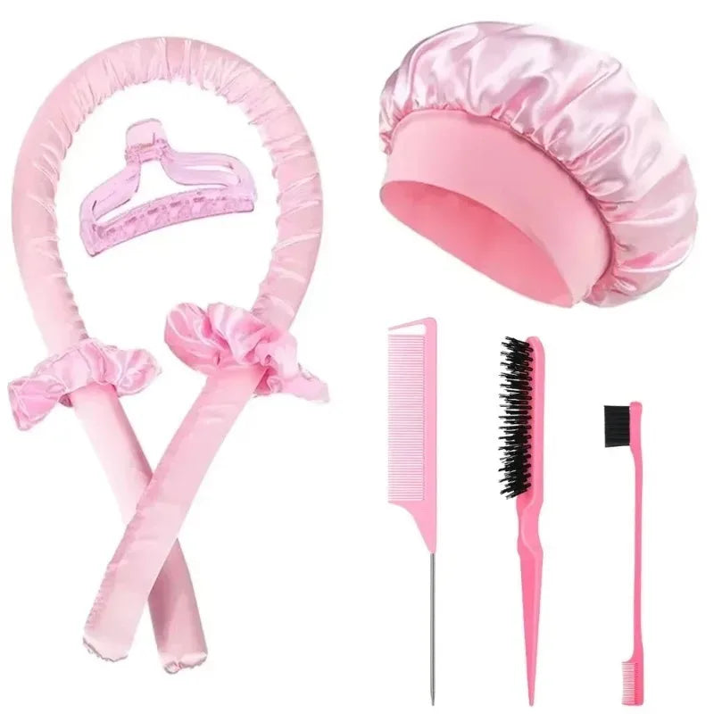 Juego de rizadores sin calor de 3/5/8 piezas con gorro de satén para dormir, pinzas para el cabello, peine y lazo para el cabello, herramientas de peinado sin calor para mujer para uso nocturno