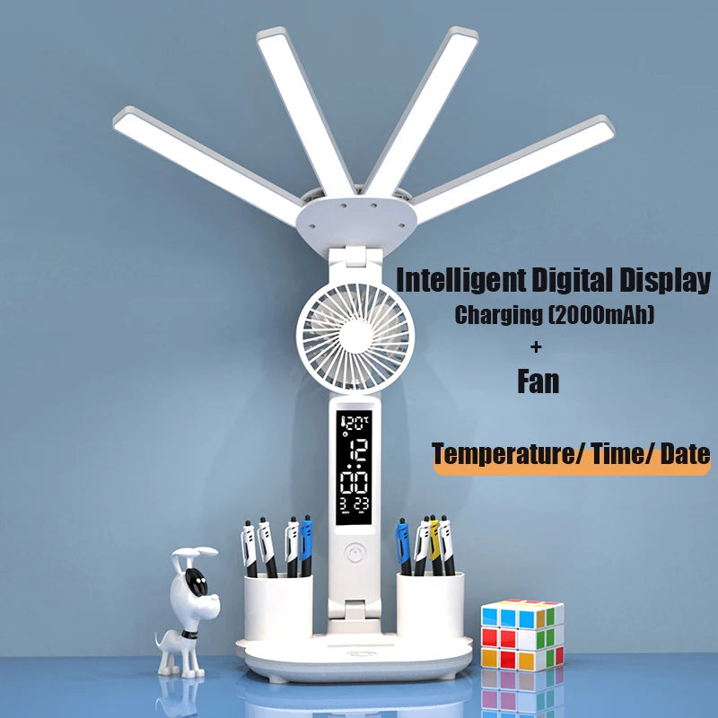 Lámpara LED Escritorio 3 en 1 con Ventilador y Reloj