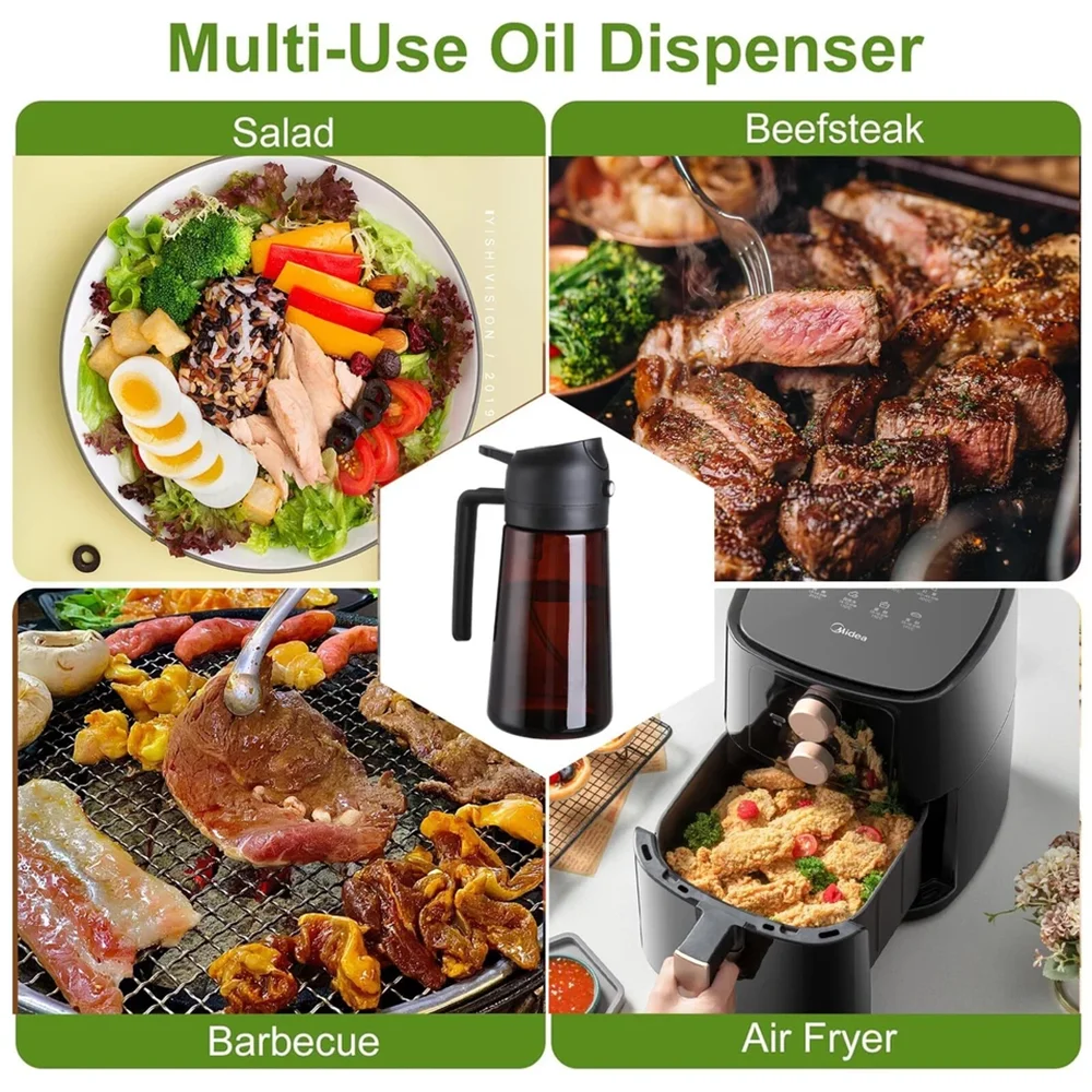 Dispensador y pulverizador de aceite de vidrio 2 en 1, botella pulverizadora de aceite de oliva a prueba de fugas de 16oz/470ml para cocinar, freidora de aire, barbacoa, hornear, ensalada