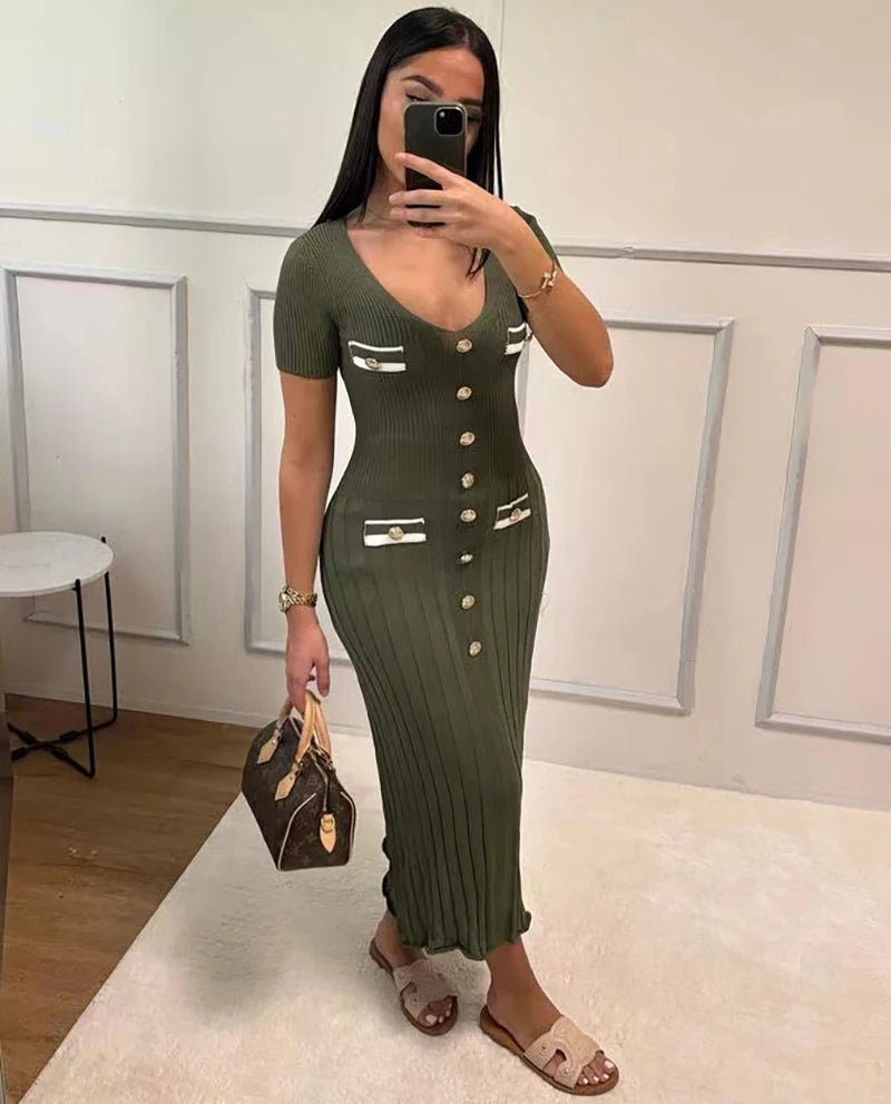 Vestido largo de punto con cuello en V para mujer, suéter elegante de un solo pecho, ropa de calle ceñida al cuerpo, moda de verano, 2024