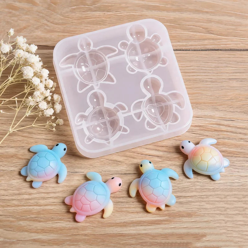 1 unidad de molde de silicona de 4 cavidades con forma de tortuga linda, herramienta para hacer manualidades DIY de llaveros de resina de animales de dibujos animados y colgantes para bolsos/coches