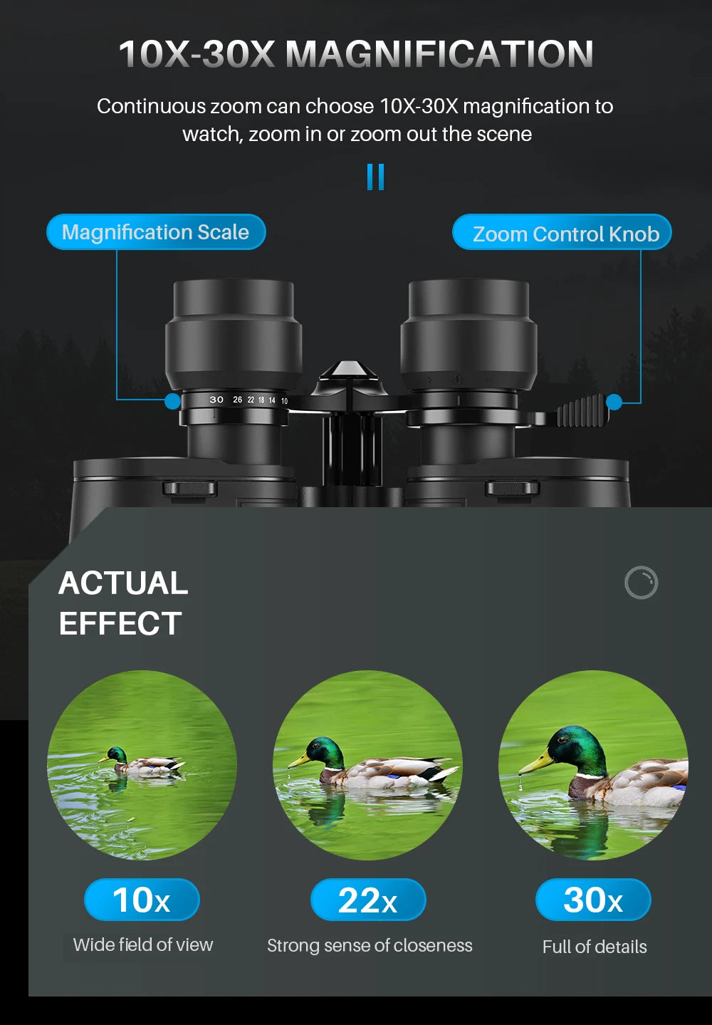 Binoculares APEXEL 10-30x50 Zoom para Caza, Camping y Senderismo
