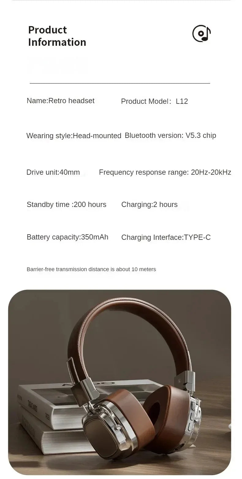 Auriculares Retro de Cuero Bluetooth 5.3 Plegables
