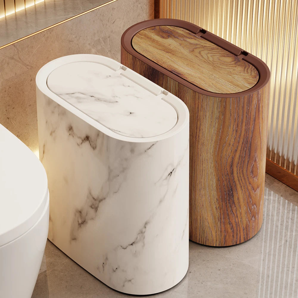Cubo de basura delgado con tapa para baño y cocina, diseño mármol y madera
