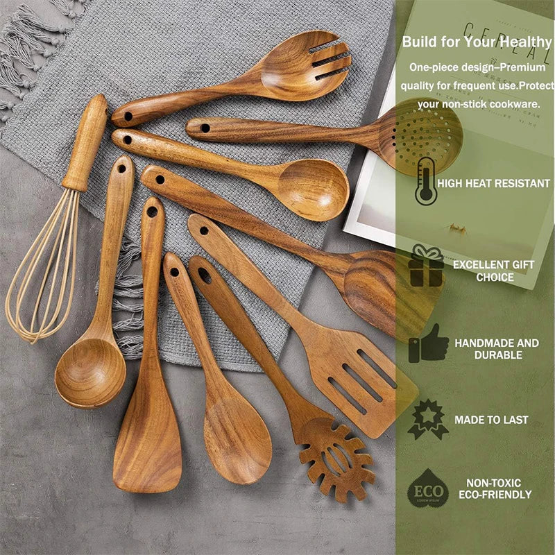 LMETJMA Paquete de 10 utensilios de cocina de madera de teca Natural, juego de utensilios de cocina con espátula y cucharas de madera para cocinar y hornear JT503