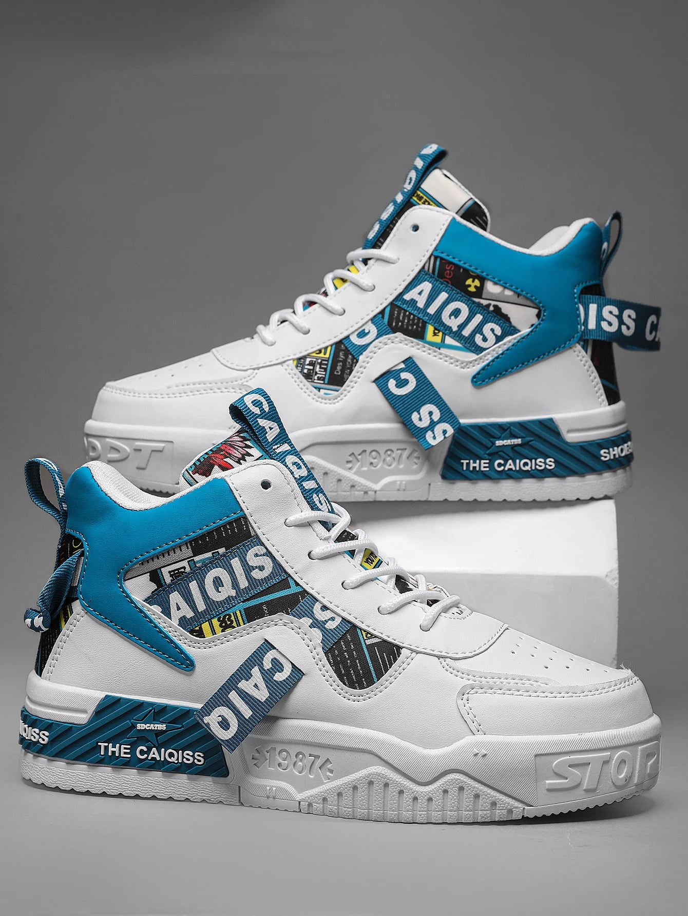 Zapatillas de plataforma con grafiti para hombre, estilo urbano, con cordones
